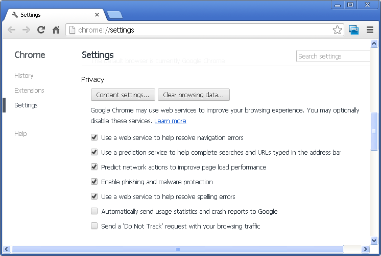 Chrome Privacy section